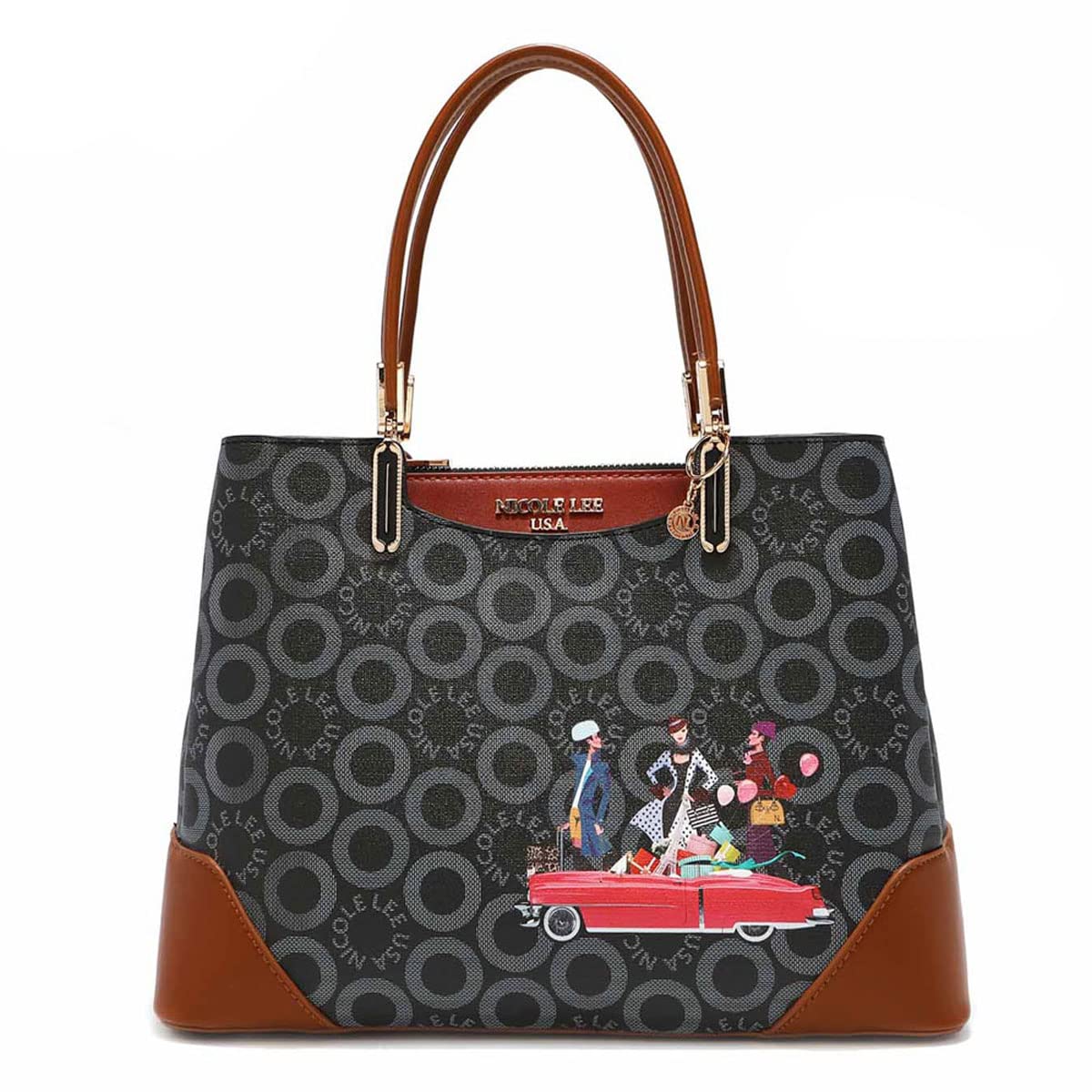 

NICOLE LEE SW16299 SMALL WORLD Monogram Classic Handbag Shoulder Bag Vegan Leather Vegan Nicole Lee Gray Brown SDGs Sustainable Light Lightweight