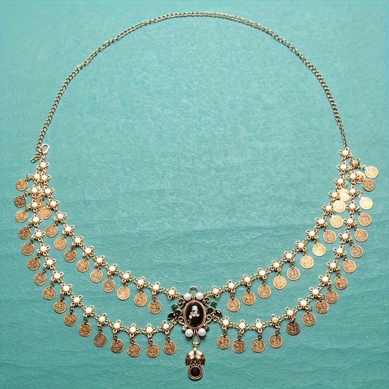 

Elegant Bohemian Alloy Coin Tassel Waist Chain Belt for Women - Golden-Toned with Pearls & Billboard Button Accents, Ideal for Casual Outings, Evening One Size