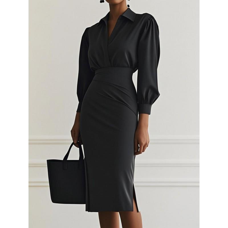Elegant V-Neck Solid Color Wrap Waist Pleated Knit Midi Dress Women 2025