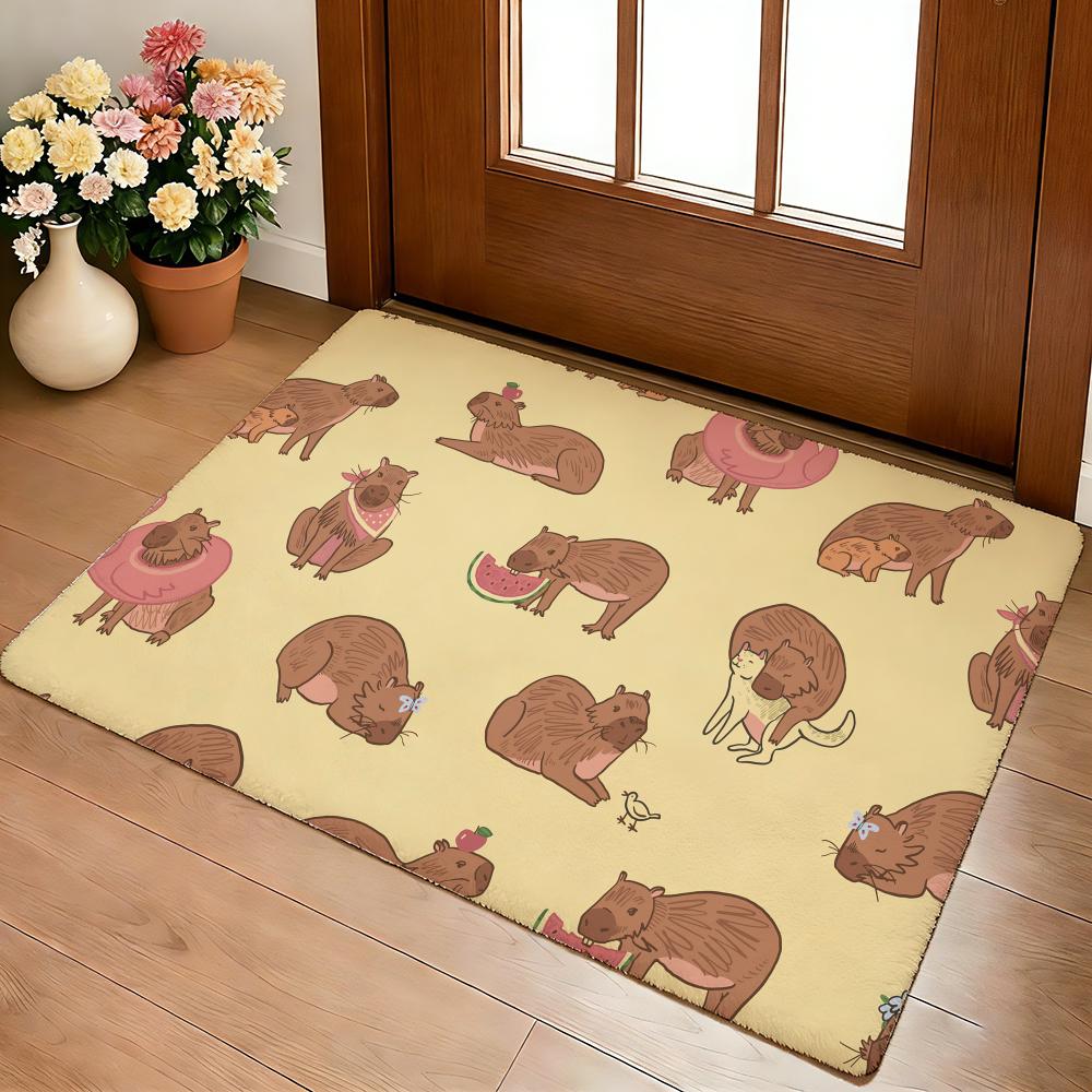 Cute Capybara Pattern Floor Mat Cozy Flannel Soft Thick Non-Slip Mat For Living Room Bedroom Kitchen Decor Rugs