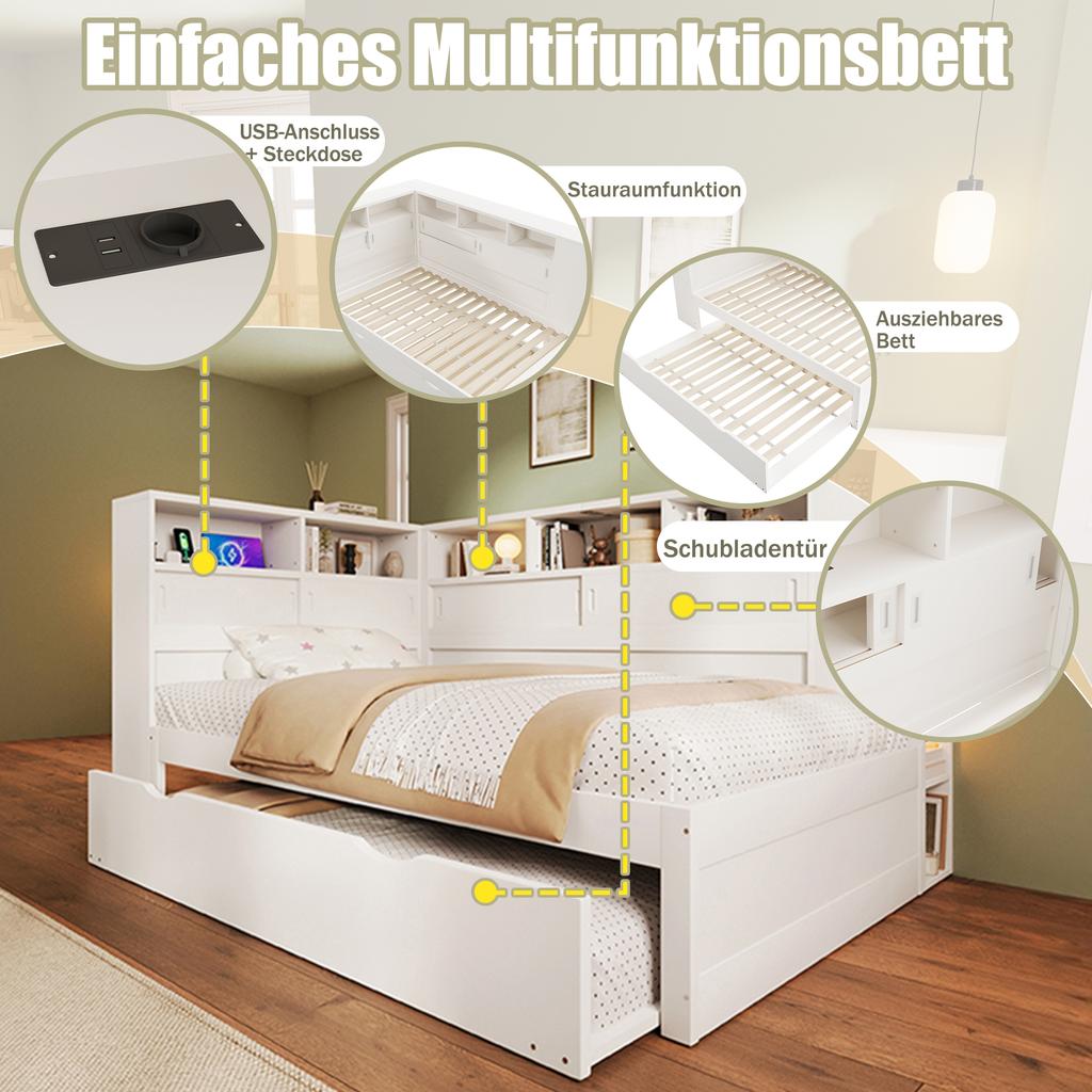 (=WX000707AAK-1) Daybed, 90x200cm(90x190cm), children's bed, without mattress, with pull-out bed, sofa bed with storage compartment with USB, white