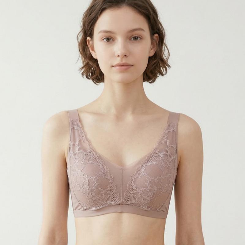 Underwear Mulberry Silk Lined Seamless Adjustment Bra, Lace Trim Palm Cup Push‑Up Side‑Support Brassiere