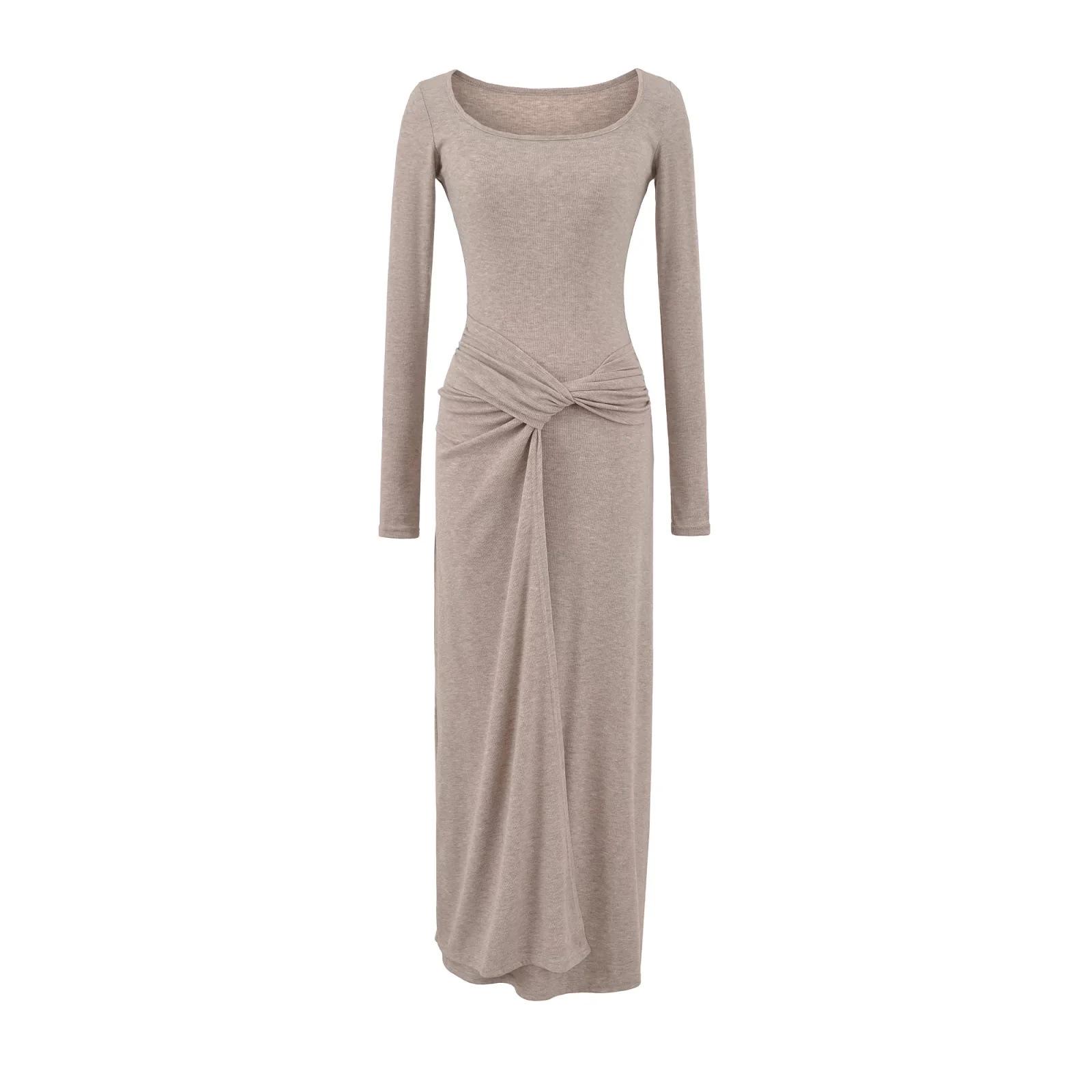 Elegant French Style Square Neck Long Sleeve High Waist Pleated Dress with Cinched Waist and Slim Fit Skirt Large серый/миндальный