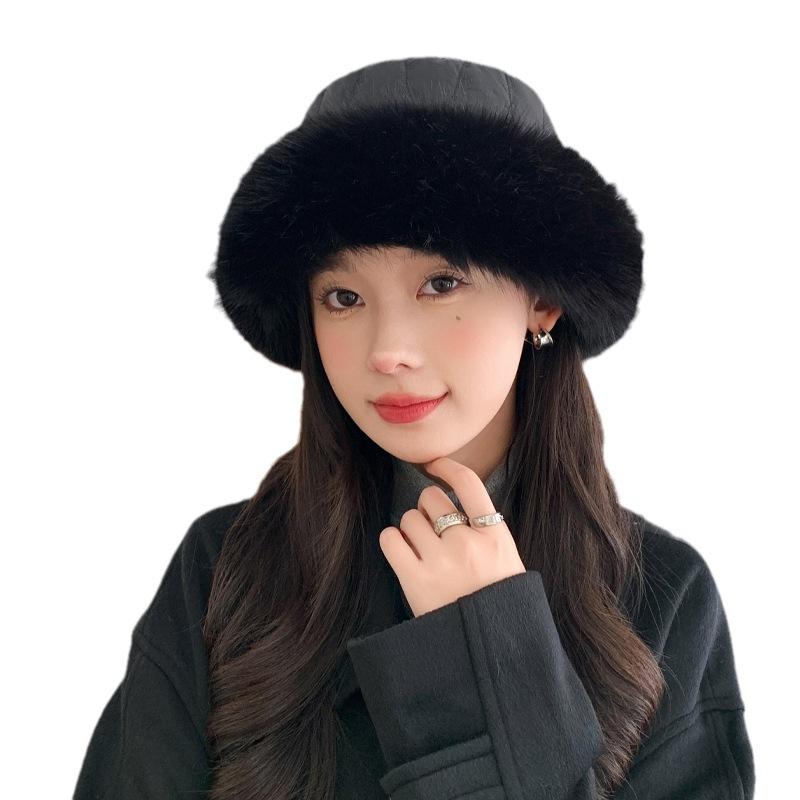 Autumn and Winter Hat Women's Solid Color Fur Slings Thickened Warm Fisherman Hat Winter Fox Fur Prevents Cold Face Small Mongolian Hat