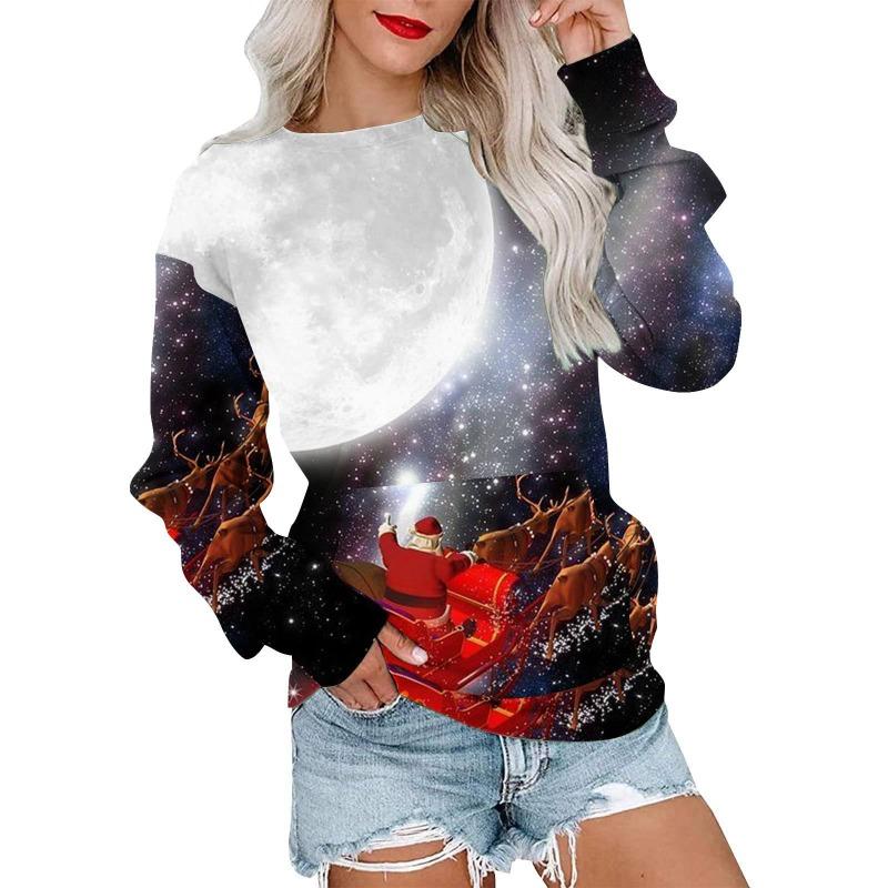 Autumn Winter Fashion Christmas Series Christmas Tree Elk Printed Pocket Round Neck Hoodie