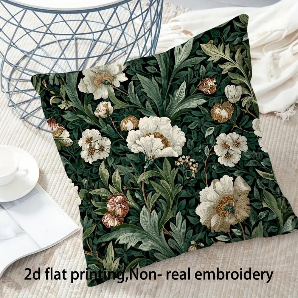 1Pc Vintage Floral Peony Pillow Cover, Polyester 2D Double Sided Print Cushion Case, Dark Green Botanical Art Throw Pillowcase,