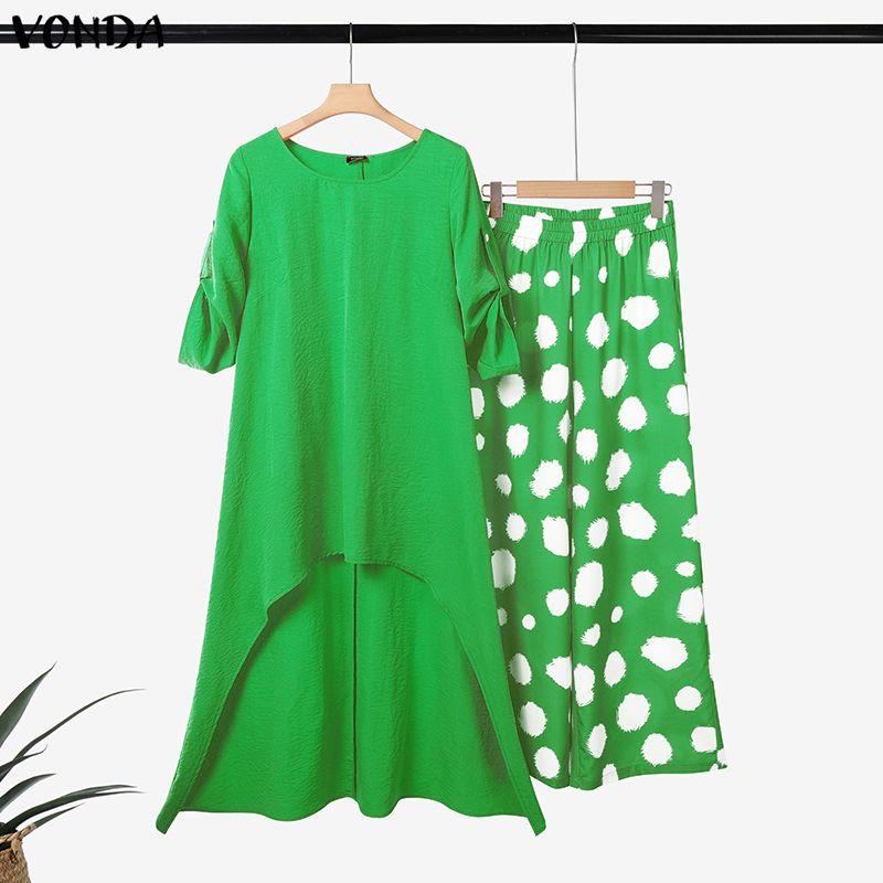 

VONDA Women Half Sleeve Blouse and Polka Dots Pants Casual Two Piece Suit Sets 2XL зелёный