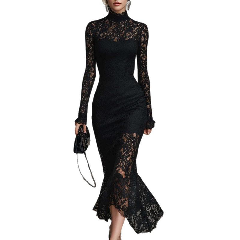 Elegant Cross-border Autumn/Winter Long-sleeved High-waisted Slim-fit Banquet Dress for Women