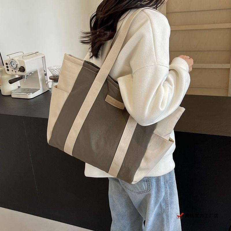 Canvas bag female college student large-capacity tote bag fashion shoulder casual handbag color matching class simple satchel