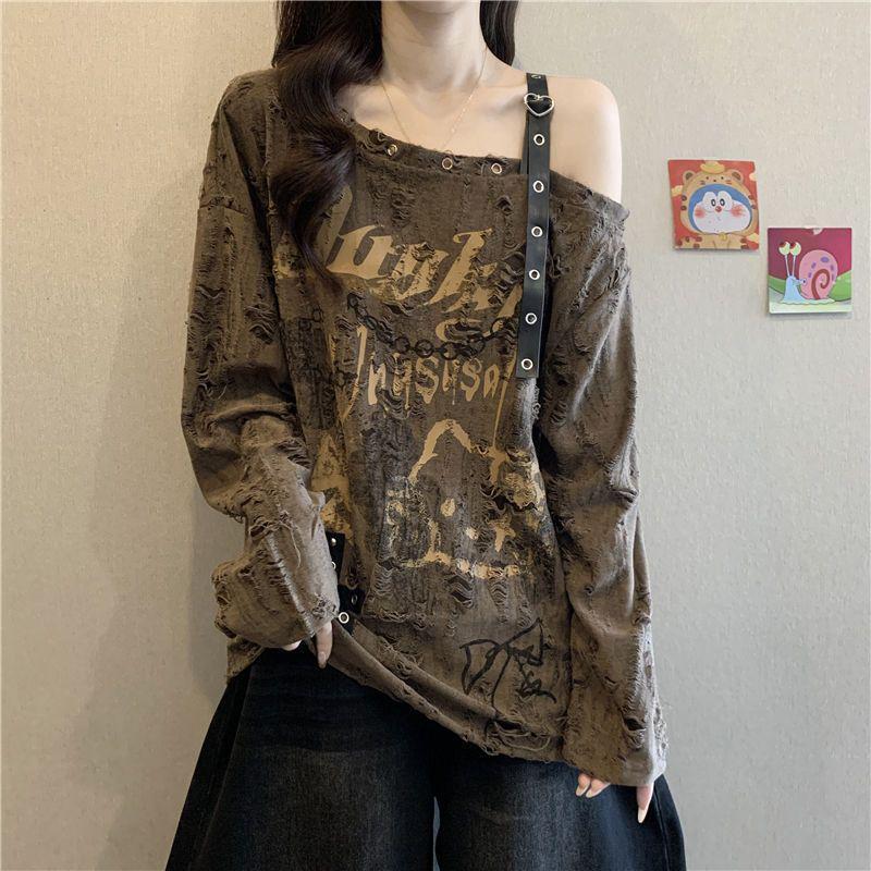 Asymetryczny, podarty T-shirt Plus Size z odkrytymi ramionami: Wyszczuplający top z długim rękawem na wiosnę/jesień