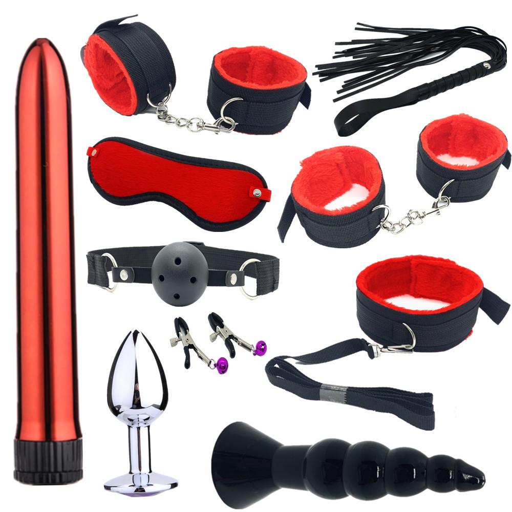 Sexy Nylon BDSM Kit Plush Sex Bondage Set Handcuffs Sex Game Whip Gag Nipple Clip Sex Toy