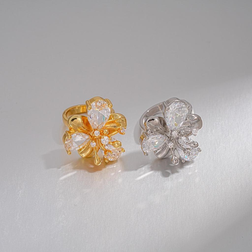 18k Gold Plated Zircon Flower Open Ring - Luxury European & American Style Index Finger Ring