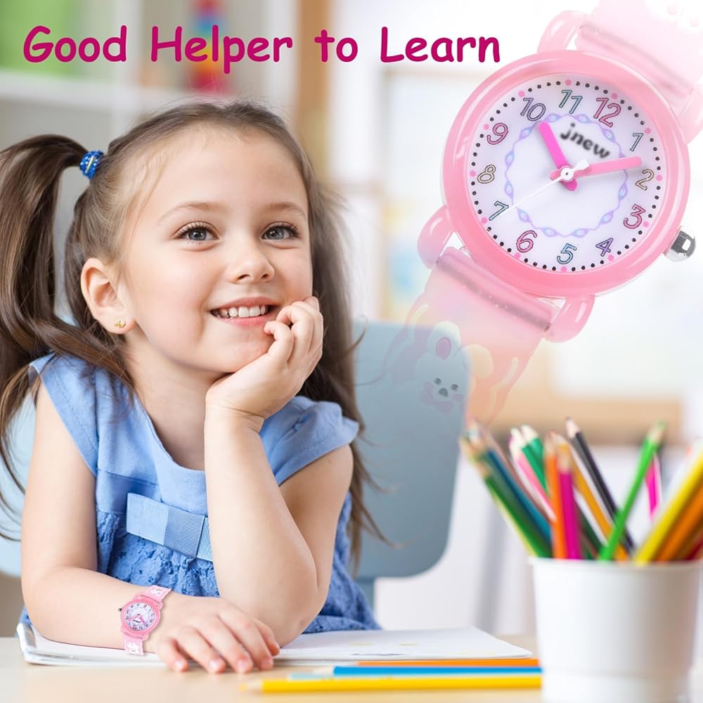 Maeau Kids Quartz Analog Watch Waterproof Pink Rabbit Design Girls Wristwatch for School and Birthdays
