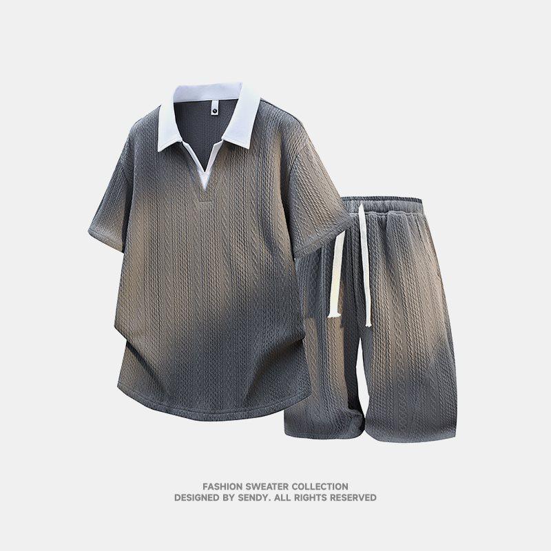 Men's Trendy Jacquard Lapel Short Sleeve T-shirt Set