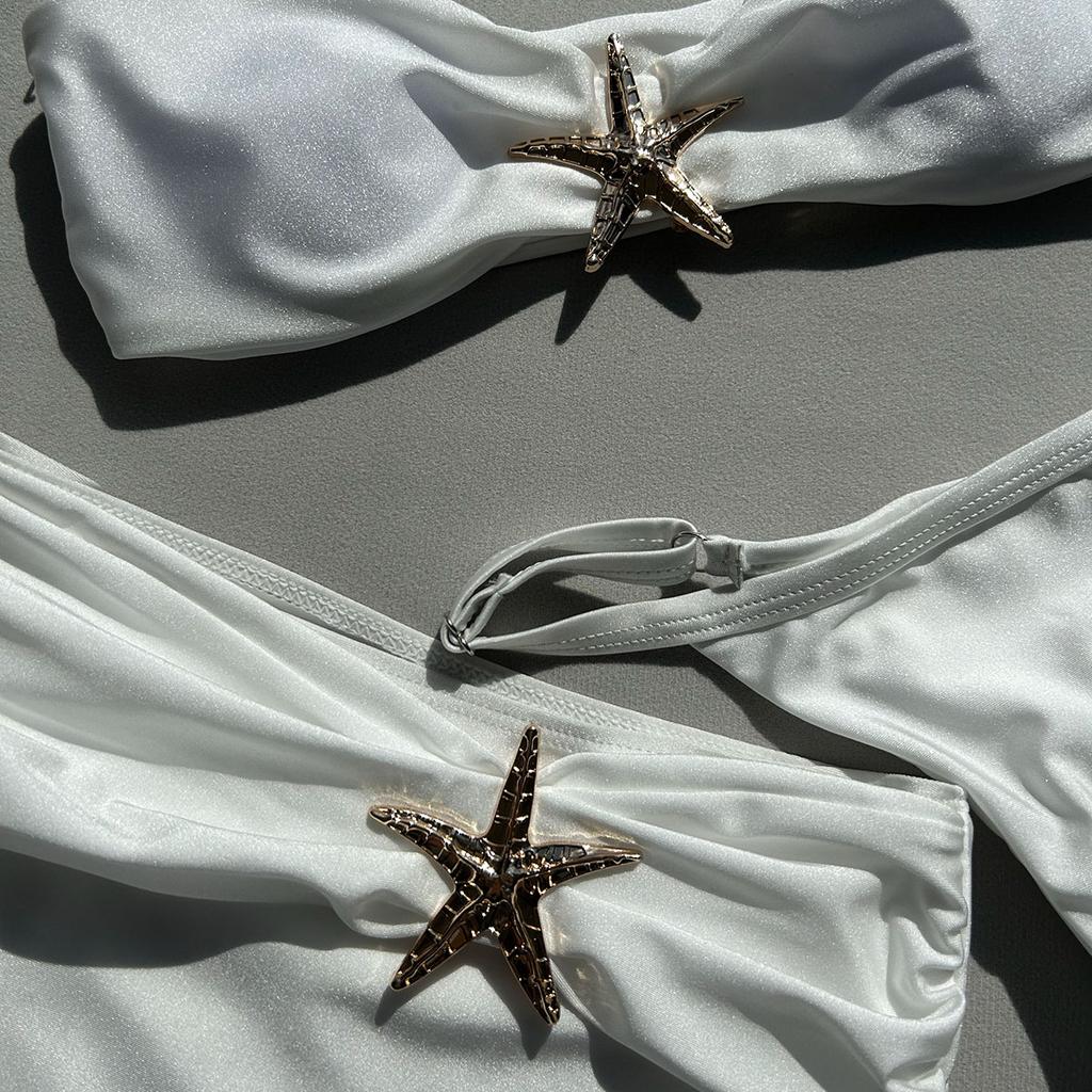 3-teiliges Bikini-Set, Bandeau-Bikini, sexy Damen-Badeanzug, glänzender Rock, weibliche Bademode, Seestern-Badeanzug, Strandbekleidung, Überzüge