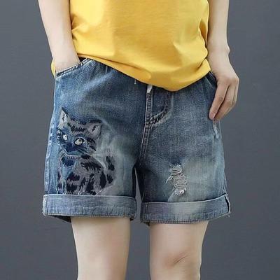 Elastic High Waist Embroidered Denim Short Pants Women Summer Loose Casual Straight Leg Shorts 2025