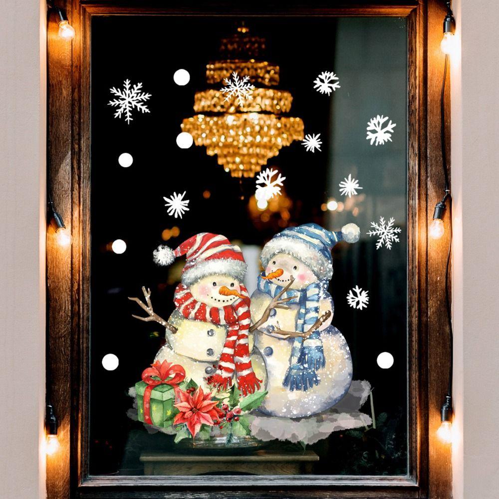 Cartoon Snowman Shopwindow Decals Snowflake Gift Box Xmas Static Sticker  Christmas