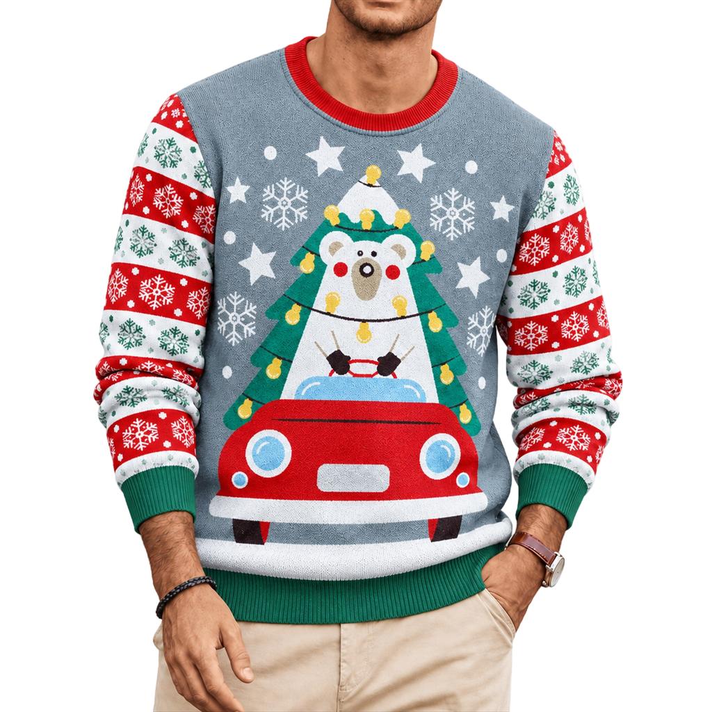 Christmas Floral Print Men's Crewneck Sweater, Casual Holiday Pullover