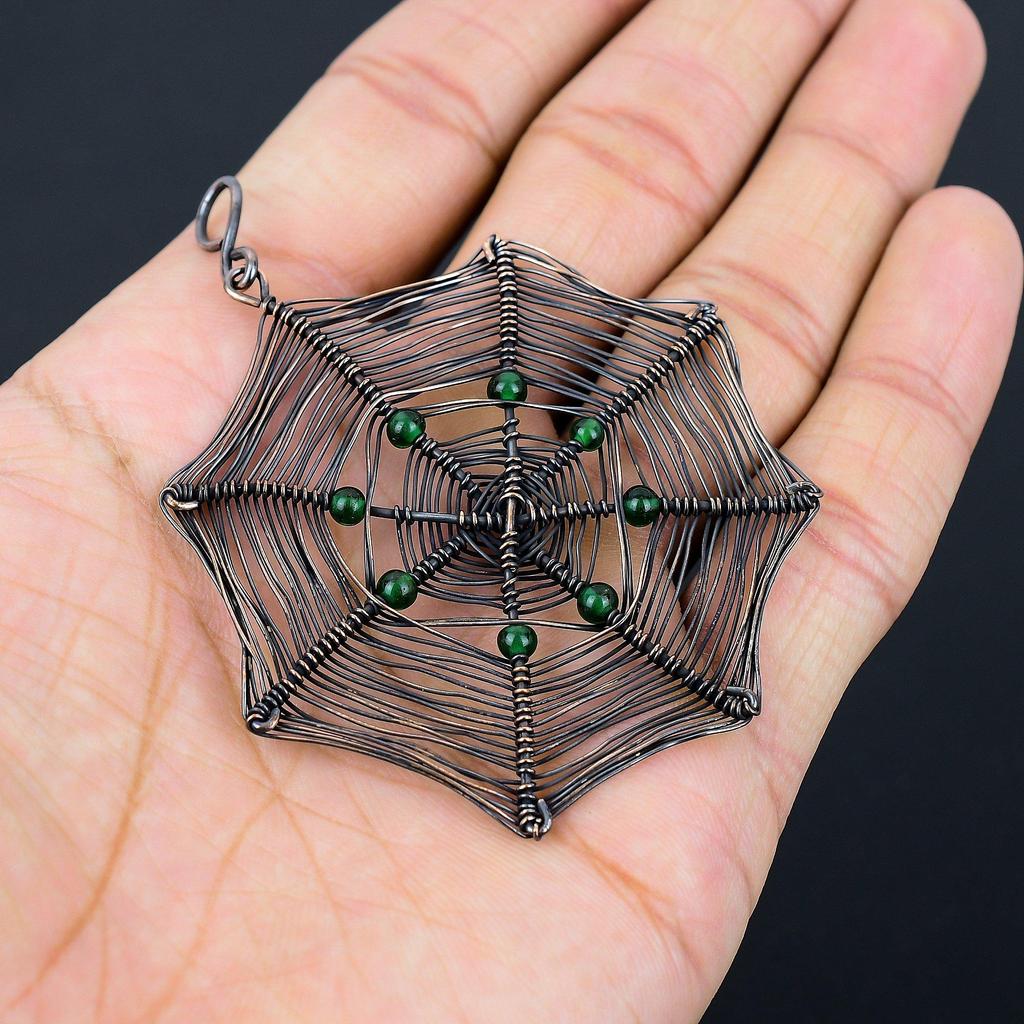 Spider Web Shaped Peridot Gemstone Pure Copper Wire Wrapped Handmade Pendant Jewelry For Gift