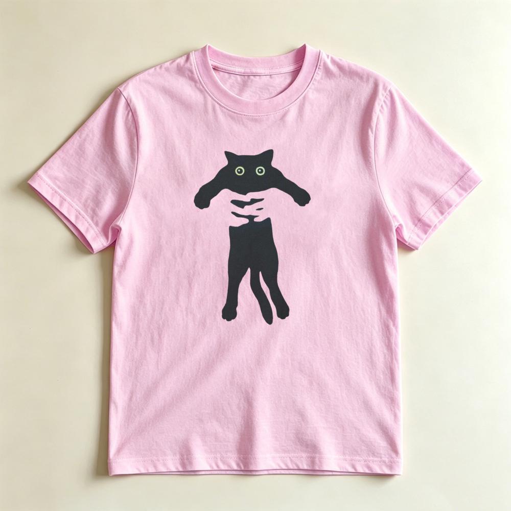 Funny Minimalist Hand Holding Black Cat Print Tshirt Unisex Cute Cartoon Animal Silhouette Casual Loose Cotton Short Sleeve Tee