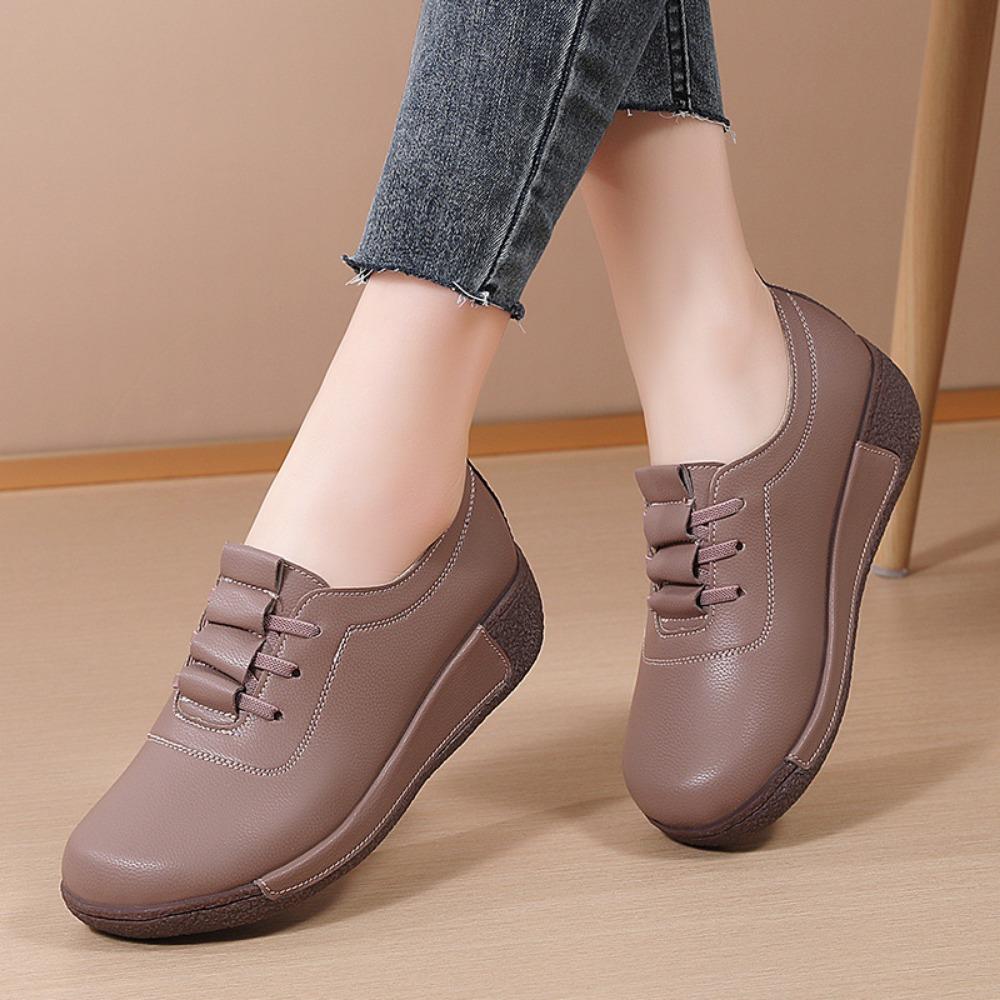 Thick Soled Sloping Heel Leather Casual Sports Shoes for Women