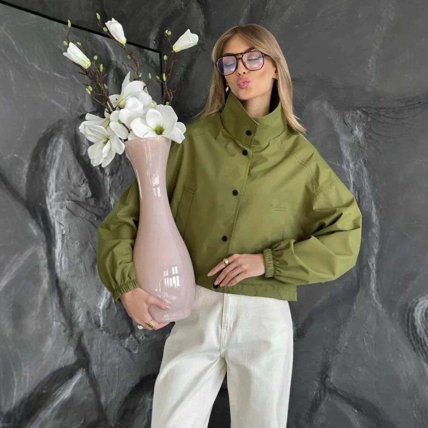 Women's Stand Collar Jacket Button Down Lantern Sleeve Elastic Cuff Pocket Solid Color Casual Coat