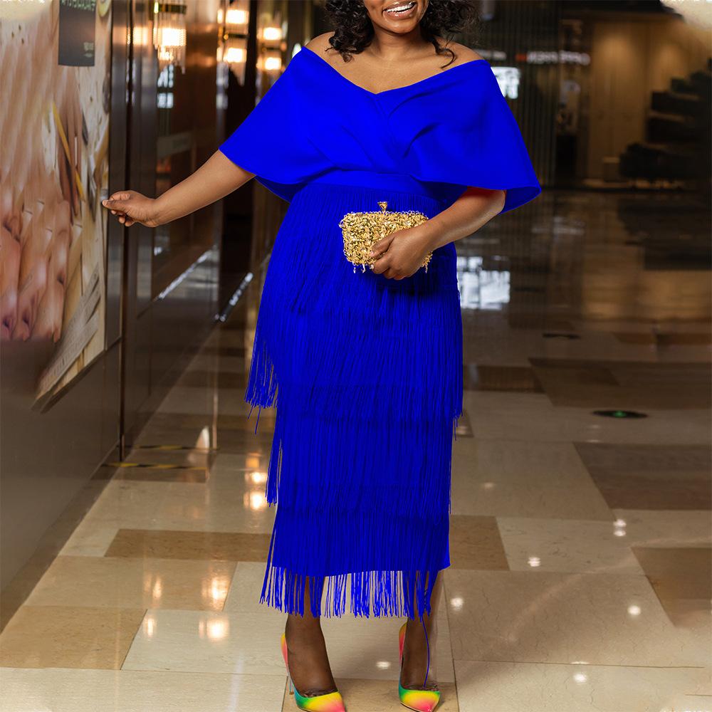 Große Größe Frauen Sommer Mode Solide Quaste Kleid Damen Elegantes Einteiliges V-ausschnitt Off Schulter Kleid