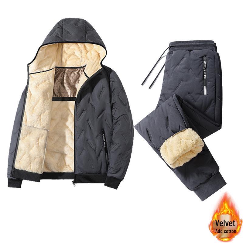 Men's Lambswool Winter Hooded Jacket and Cotton Pants Set - Plus Velvet, Thick, and Large Size.