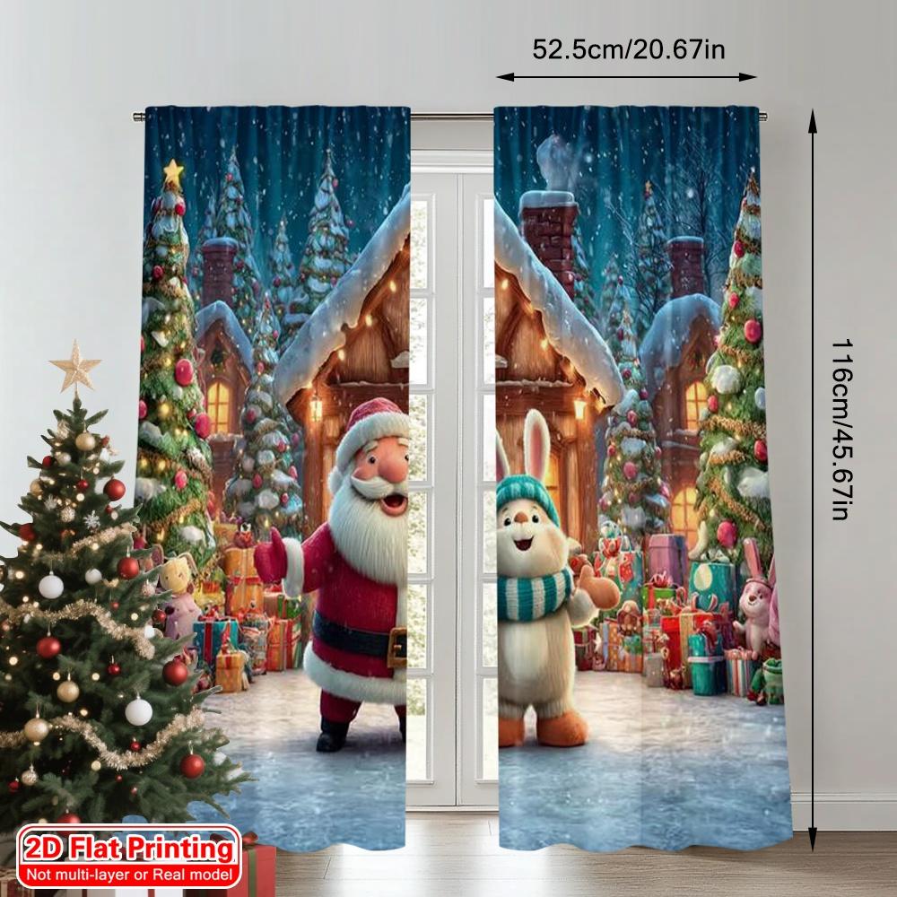 2pcs 2D flat printing Christmas Curtains Father Christmas1 Versatile Polyester Fabric Without Electricity Holiday Decorations
