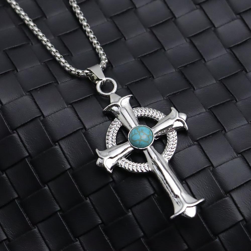 Turquoise European-Style Cross Pendant Necklace - Trendy Punk Fashion Sweater Chain Ornament