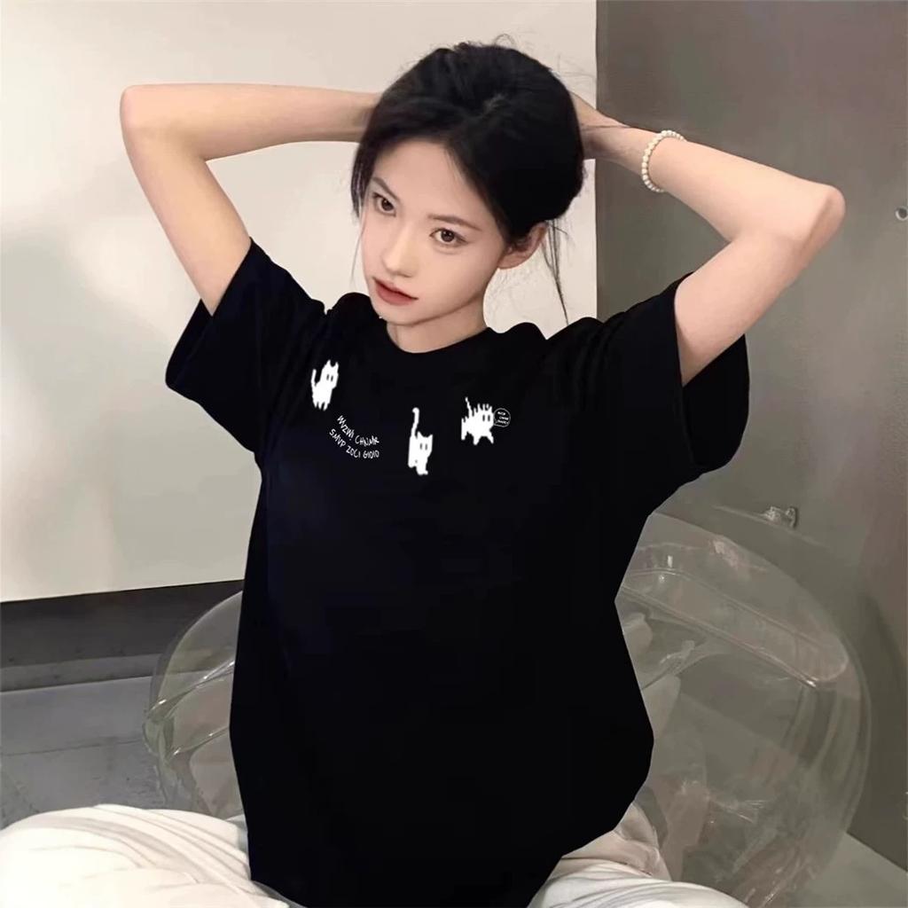 Summer Shoulder Cotton Cat Short-sleeved T-shirt Women's New Design Sense Niche American Loose Half-sleeved Top