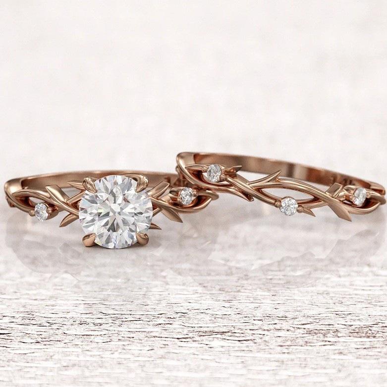 2024 Rose Gold Zircon Twin Branches Proposal & Wedding Ring