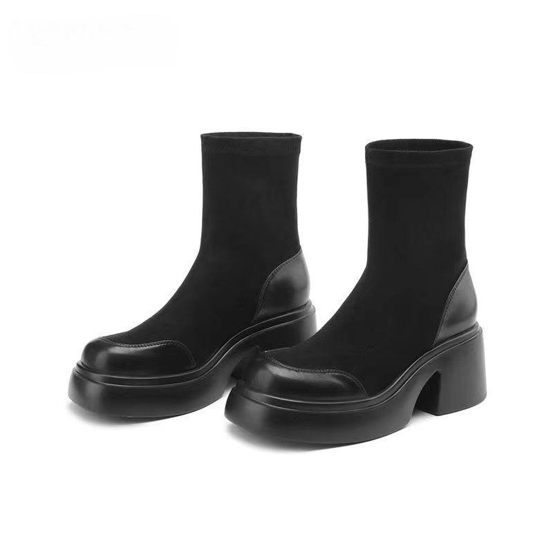 Small thin boots 2025 new autumn and winter explosion solid color Martin boots women's high heel thick heel elastic platform short boots