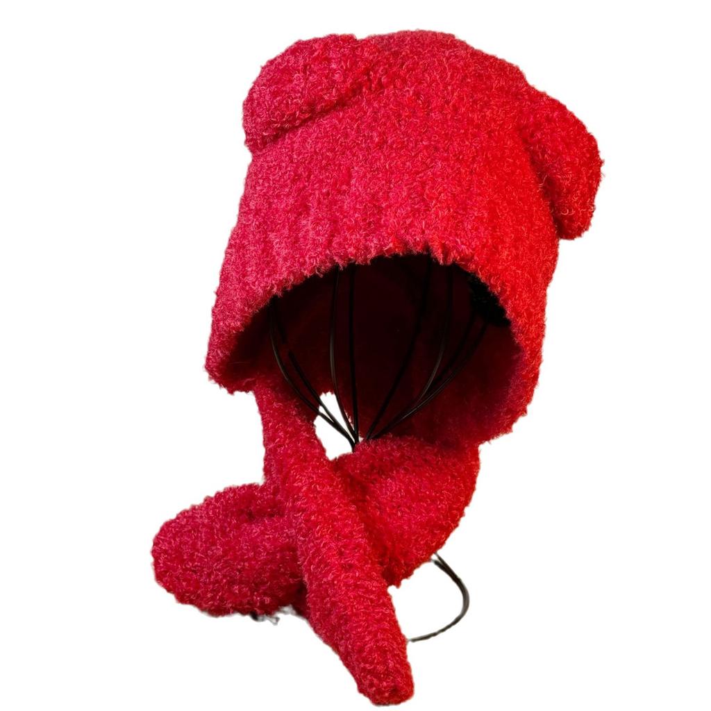 Versatile Cute Little Bear Hat for Women In Autumn and Winter Lamb Velvet Warm and Cold Hat Cold Proof Ear Protection and Neck Scarf All In One Hat