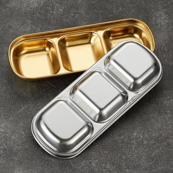 Stainless Steel Dipping Tray with 3 Compartments Easy to Clean Stackable Sauce Bowl Organizer Rack Tableware