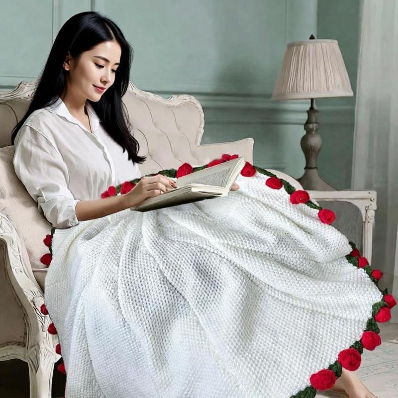 60/80/110/160cm Finished Rose Bouquet Blanket Knitted Nap Throw Blanket Gift for Girlfriend Best Friend Holiday Present with Gift bag
