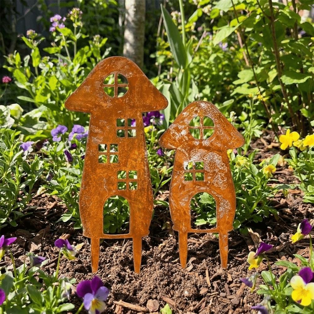 Mushroom House-Shaped Mushroom Garden Inserts Metal Rusty Mushroom Plaque  Courtyard Balcony