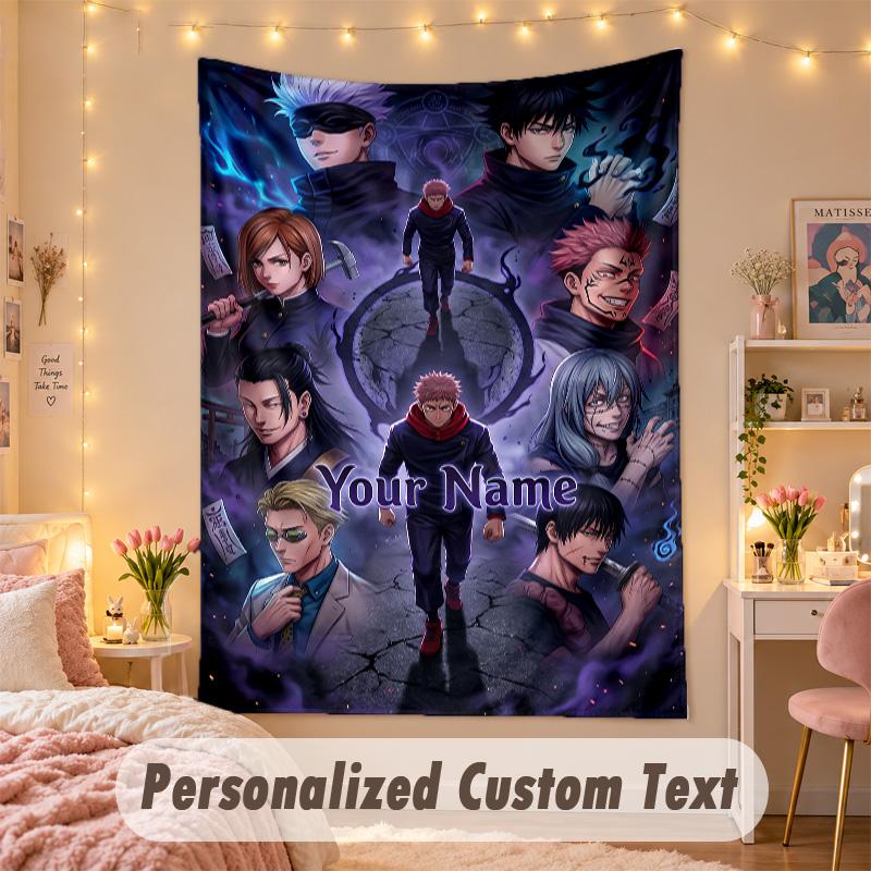 Benutzerdefinierter personalisierter Wandteppich, Jujutsu Kaisen Druck Benutzerdefinierter Name Text Wandkunst zum Aufhängen für Schlafzimmer