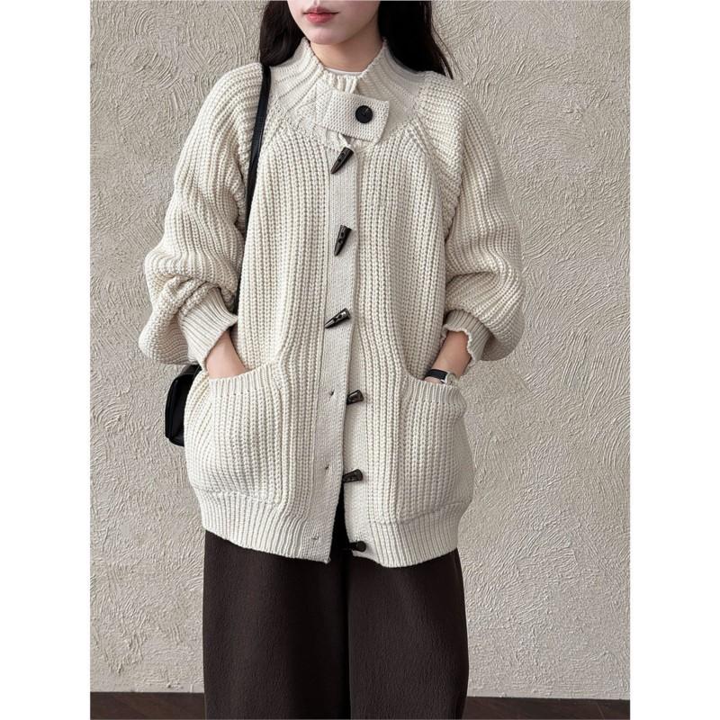 Johnature Cardigan Lento Vintage a Maglia Grossa Stile Francese Maglione Donna Autunno Inverno Bottone a Leva Casual Versatile Giacche