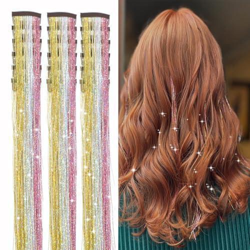 12 Pieces Laser Gold Hair Extensions 50cm , Metallic Rainbow Clip-in Hair Wefts, Shiny Synthetic Hair Strands for Party Festival
