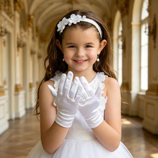 White Satin Kids Gloves Children Dress Gloves Elegant Wedding Gloves for Flower Girl Dancing Stage Performances