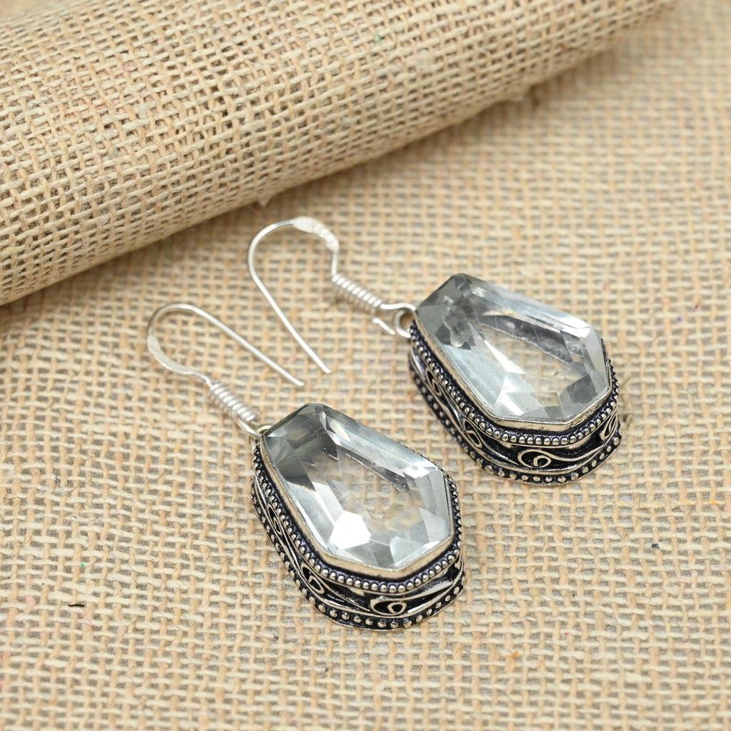 Orecchini fatti a mano in argento sterling 925 con pietra preziosa topazio bianco, regalo delicato per lei