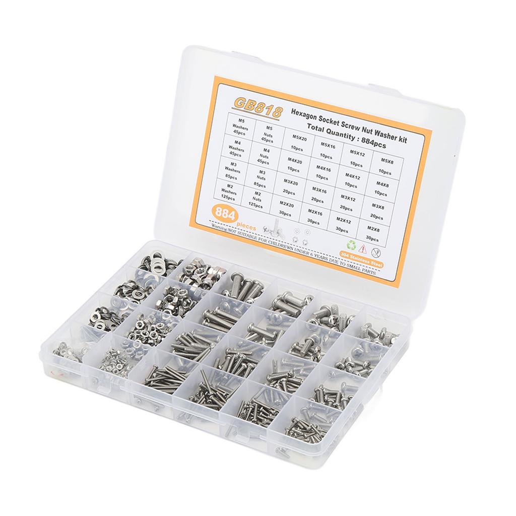884 Stück Pfannenkopf Kreuzschlitzschraube Mutter Unterlegscheibe Sortimentskasten mit Sechskantschlüssel M2 M3 M4 M5 304 Edelstahl