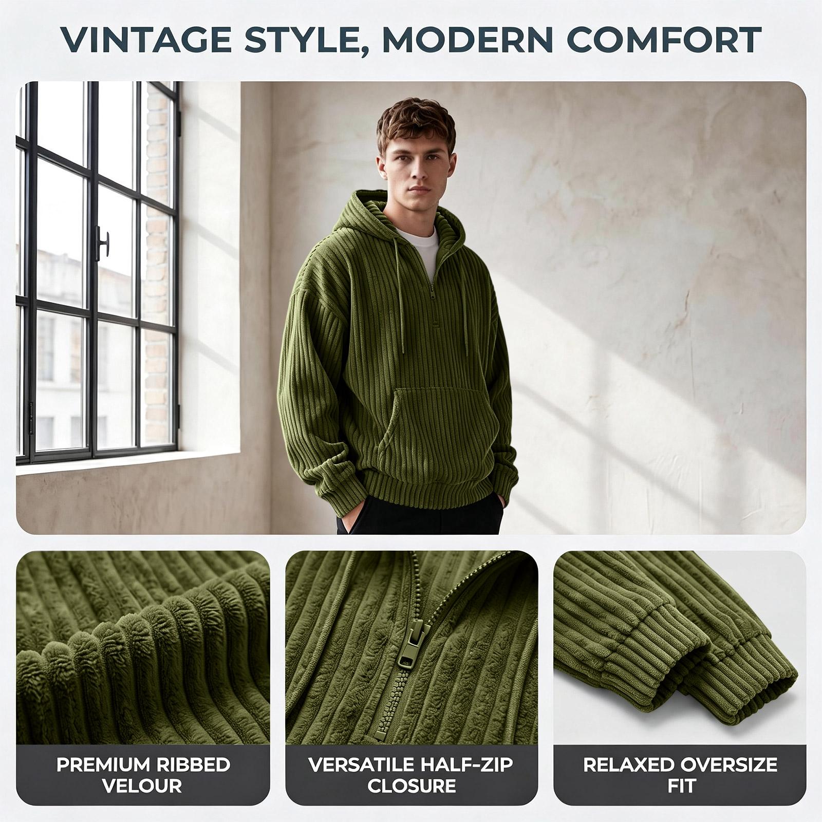 Men s Vintage Corduroy Half Zip Hoodie with Large Pockets L