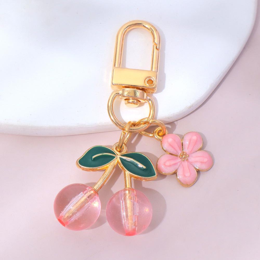 

Cute Charm Cherry Keychain Bag Handbag Pendant Christmas Gift Car Key Accessories Golden Leaf Stylish Decorative Keyring