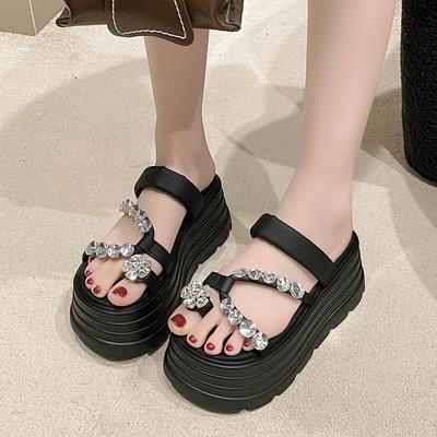 8CM Absätze Klobige Hausschuhe für Damen Zehenfrei Hohe Plateauschuhe Kristall-Sandalen Frau Neu Sommer Dicke Sohle Strand Perlen Zehentrenner