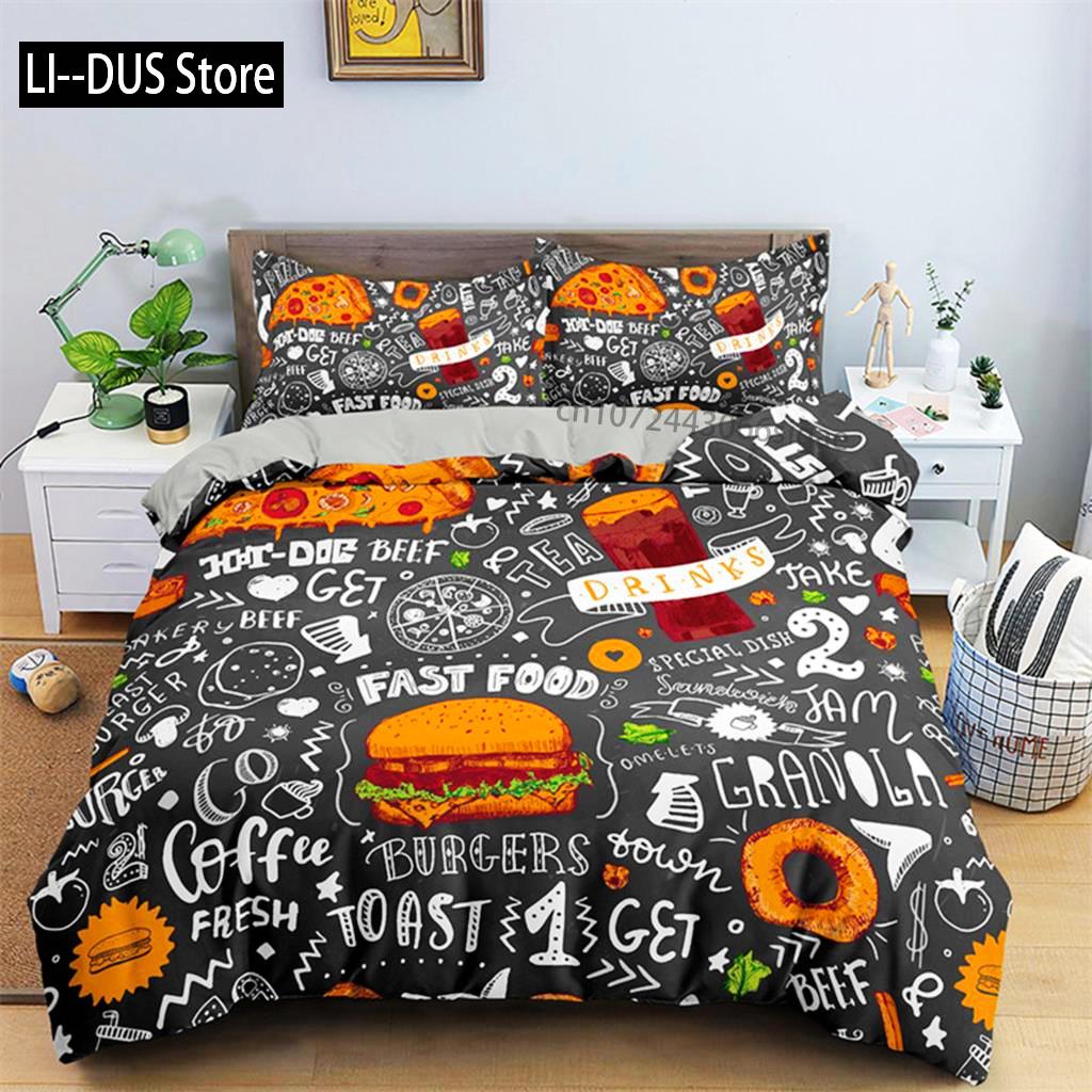 Zestaw pościeli Hamburger Wzór przekąsek Poszwa na kołdrę Twin King Dla dzieci Dorosłych Dekor Mikrofibra 3D Poszwa na kołdrę z pączkiem z poszewkami na poduszki