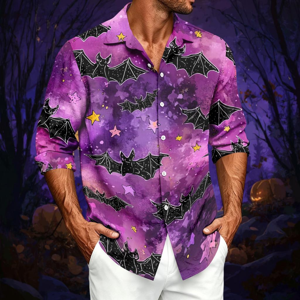 Men's Casual Long-Sleeve Shirt with Halloween Print for Spring ,Summer and Fall