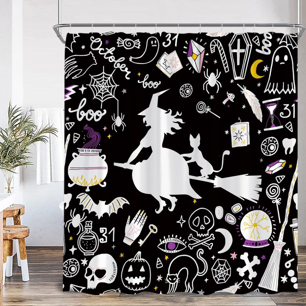 Full Moon Night Halloween Shower Curtain Flying Witch Evil Pumpkin Wizard Graveyard Horror Bath Decoration Bathtub Curtain
