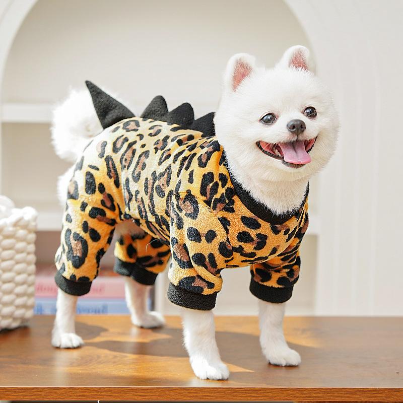 Cat Clothes Warm Leopard Print Dinosaur Four-Legged Dog Clothes Autumn Winter Velvet Clothes Bear Pet Products